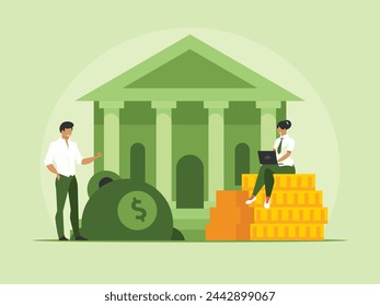 Trader working on laptop sitting on stack of gold coins. Banking and finance concept. Vector illustration