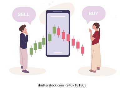 Los comerciantes compran y venden acciones usando la aplicación de telefonía móvil. Compra y venta de acciones. Ingresos pasivos de la inversión.  Análisis financiero. Gráfico de candelabros.  Estrategia de intercambio de intermediarios.