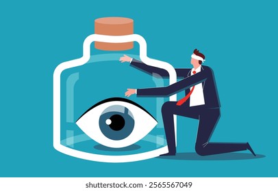 the trader's eyes sealed inside a glass jar