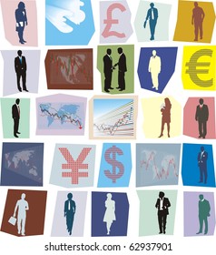 Traders and graphs cut from newspapers