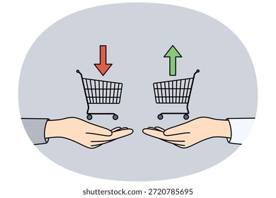Las manos de los operadores con las cestas de los consumidores y las flechas hacia arriba o hacia abajo simbolizan la compra y venta de bonos en el mercado de valores. Los comerciantes realizan transacciones rentables para obtener ganancias de inversión de acciones especulativas