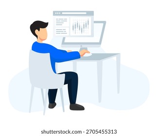 Diseño plano de la estrategia de inversión de los comerciantes. Ilustración vectorial de un analista de datos profesional. Crecimiento financiero moderno con un símbolo de gráfico al alza.