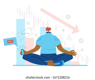 Trader's response to stock price decline. Minor shareholder sitting on lotus position. Stock market crash. Man stay calm at collapsing stock prices. Vector flat color illustration.