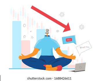 Trader's response to stock price decline. Minor shareholder sitting on lotus position. Stock market crash. Woman stay calm at collapsing stock prices. Vector flat color illustration.