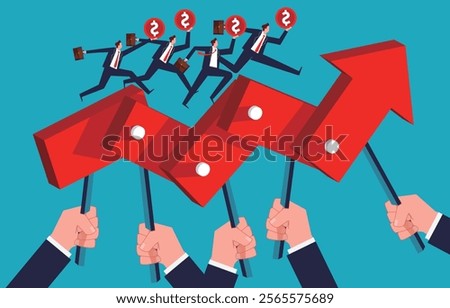 traders take money and run with it on a chart of arrows controlled by big hands