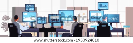 traders team stock market brokers analyzing charts graphs and rates on computer monitors at workplaces