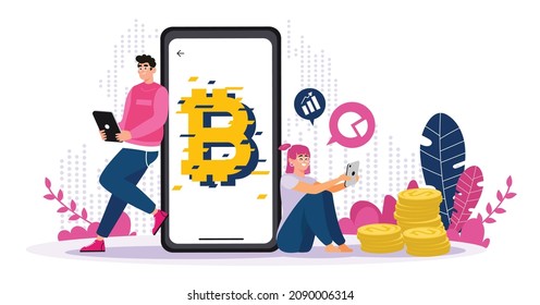 Traders are trading cryptocurrency coins through exchange application mobile platforms. Digital currency vector, online business vector concept
