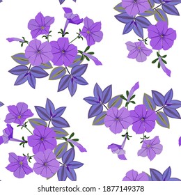 Tradescantia and petunia. Seamless vector illustration on a white background. For decorating textiles, packaging, wallpaper.
