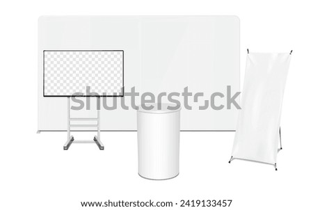 Tradeshow backdrop display, round exhibition table counter, wheeled TV stand, spider X-banner standee mockup. Trade show kit vector mock-up. Expo set template for design