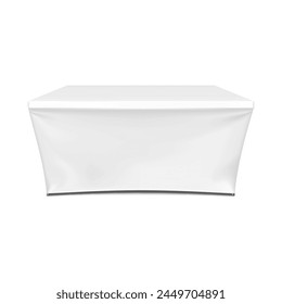 Tradeshow table with blank white stretch cover for brand design realistic vector mockup. Expo exhibition counter mock-up. Trade show pop desk display stand template