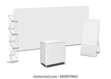 Tradeshow table counter, literature rack with clear shelves, LCD digital video display, exhibition backdrop banner stand mockup. Trade show kit vector mock-up. Expo set template for design