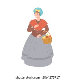 Tradeswoman in historical costume of 18th century cartoon vector illustration