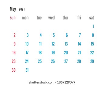 Tradicional calendar. Calendar 2021 template. Calendar starts sunday. Vector illustration.