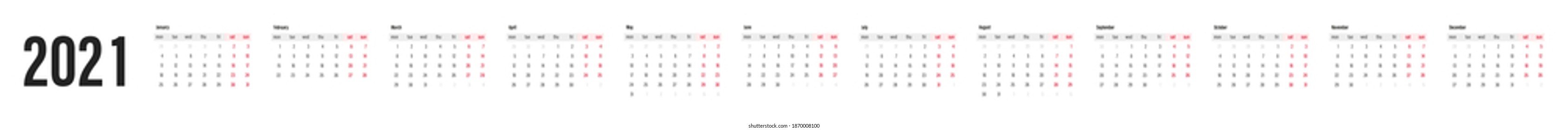 Tradicional calendar. Calendar 2021 template. Calendar starts sunday. Vector illustration.