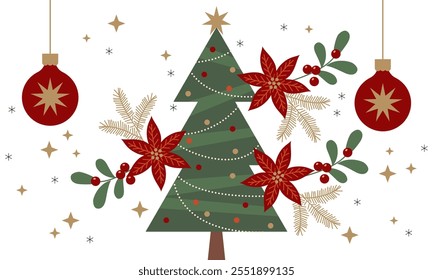Fundo de Natal tradicional com árvore de Natal, flores, decoração. Design tradicional de inverno de férias. Ilustração vetorial