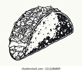 Tradicional mexican taco with vegetable filling in monochrome vintage style, vector illustration