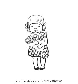 Tradicional style black and white drawing  Of a little girl holding bouquet of flowers, illustration for greeting card.