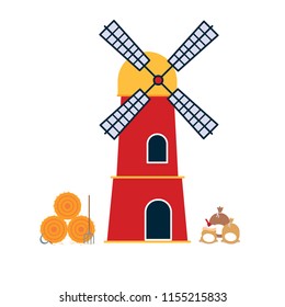 Tradicional wind mill building with bale of hay and bags with flour flat style design vector illustration. Scene elements for slat style landscapes