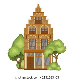 Tradidional European house surrounded by trees and bushes. Vector illustration 