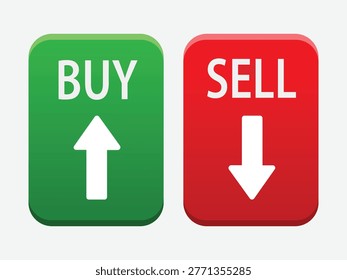 Trading action buttons in green and red. Buy and sell indicators with directional arrows for financial applications.
