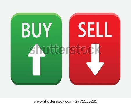 Trading action buttons in green and red. Buy and sell indicators with directional arrows for financial applications.