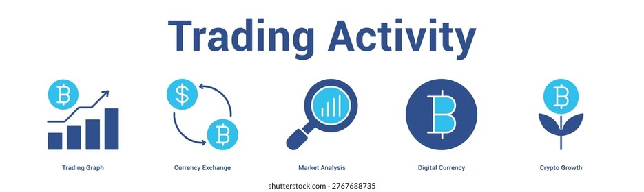 Trading Activity web banner icon set vector illustration concept for business with icon of Trading Graph, Currency Exchange, Market Analysis, Digital Curren.