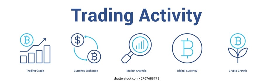 Trading Activity web banner icon set vector illustration concept for business with icon of Trading Graph, Currency Exchange, Market Analysis, Digital Curren.