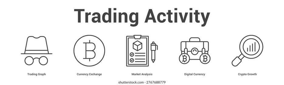 Trading Activity web banner icon set vector illustration concept for business with icon of Trading Graph, Currency Exchange, Market Analysis, Digital Curren.