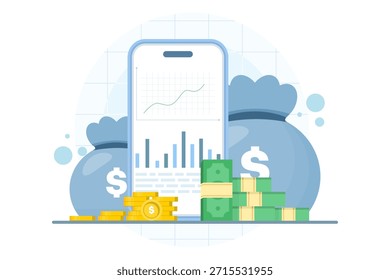 Concepto de análisis de negociación que muestra la tabla en el teléfono inteligente con Elementos de monedas de oro. Ilustración de marketing digital para estrategia de inversión, análisis de mercado y crecimiento del negocio de fintech.