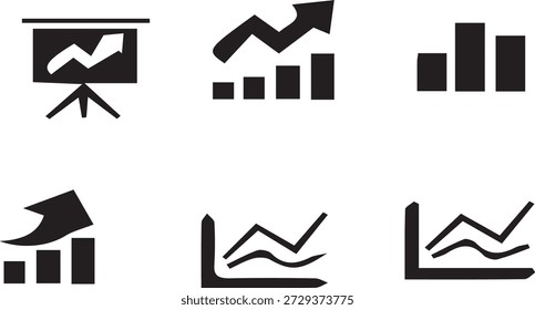 Conjunto de iconos de trading y análisis que incluye gráficos, gráficas y símbolos de programación en estilo de Vector.