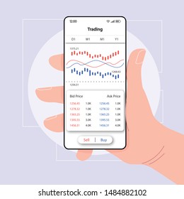 Trading analytics smartphone interface vector template. Mobile app page white design layout. Commerce statistics screen. Flat UI for application. Hand holding phone with bid, ask price on display
