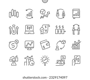 Comercio. Informe anual. Estrategia comercial. Frecuencia, cartera, compra. Inversión en el mercado de valores. Iconos De Línea Delgada De Vector Perfecto De Pixel. Pictograma mínimo simple