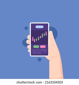 trading application, gambling, binary options, investment. buying and selling shares and bitcoin or crypto currency. a hand holding and using a smartphone. flat cartoon illustration.design concept