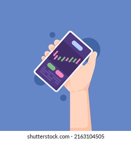 trading application, gambling, binary options, investment. buying and selling shares and bitcoin or crypto currency. a hand holding and using a smartphone. flat cartoon illustration.design concept