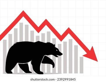 trading bearish position forex stock graph falling down loss bear stand near a big red arrow and bar chart pointing going down
