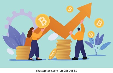 Trading, bitcoin rate growth chart, wealth, digital currency accumulation. Vector illustration mining, electronic money