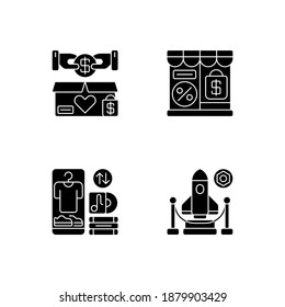 Trading black glyph icons set on white space. Charity shop, outlet store, swap meet and exhibition silhouette symbols. Charitable and commercial shopping, retail types. Vector isolated illustrations