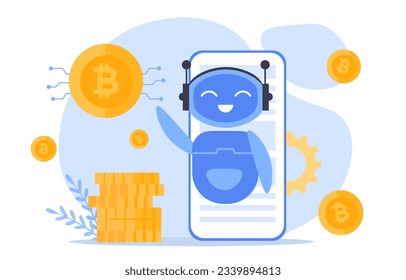 Trading bot with cryptocurrency concept. Blockchain and modern technologies. Investing and trading. Financial literacy and passive income. AI with bitcoin. Cartoon flat vector illustration