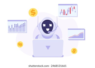 Trading bot or  robot, ai trader, automatic stock trading concept. Vector illustration