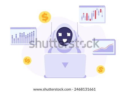 Trading bot or  robot, ai trader, automatic stock trading concept. Vector illustration