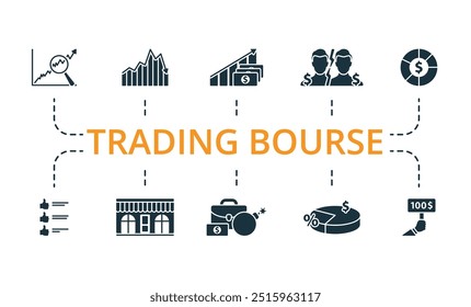 Conjunto de ícones do Bourse Comercial. Monocromático simples Negociação Bourse ícone coleção. Tendência, Flutuação do Mercado, Lucro, Rival, Diversificação, Benefícios, Vitrine, Riscos Comerciais, Margem, Ícones de Oferta.