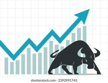 trading bullish position forex stock graph rising up profit grow up bull stand near a big blue arrow and bar chart pointing up