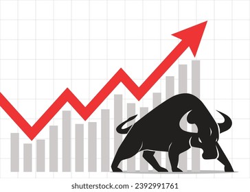 Trading bullish Position Forex Stock Graphen aufwachend Gewinn aufwachsen Bulle Stand in der Nähe eines großen roten Pfeil und Balken-Diagramm