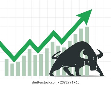 trading bullish position forex stock graph rising up profit grow up bull stand near a big green arrow and bar chart pointing up