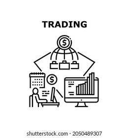 Trading Business Vector Icon Concept. Online Market Researching And Trading Business Working Manager, International Investment Finance Occupation And Success Sales In Internet Black Illustration