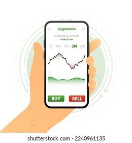 Parodia de la aplicación de la gráfica de candlestick de comercio. Gráfico del mercado bursátil, interfaz de usuario de análisis, UX. Una aplicación moderna para invertir, vender y comprar valores. Aplicación de corredor financiero o de comerciante.