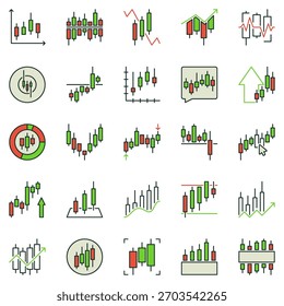 Trading Candlestick Chart farbige Symbole gesetzt. Technische Analyse oder Investitionsdiagramm, Vektorkonzeptsymbole für Trader