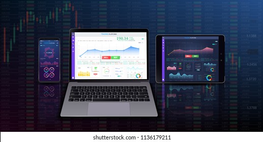 	
Trading candlestick chart on electronic devices vector illustration. Stock exchange market graph on smartphone, desktop and tablet creative concept.  Vector