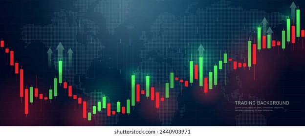 Trading Candlestick Chart der Aktienfinanzierung auf einem dunkelblauen Hintergrund der globalen Welt. Bullish Point, Aufwärtstrend des Diagramms. Börse Kerzenleuchter in Grün und Rot. Vektorgrafik.