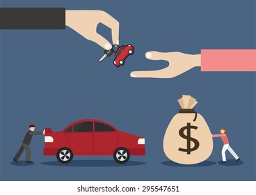 trading Cars and rental cars in flat desing . keys to the car . car broker . cartoon in flat design .Vector illustration . 